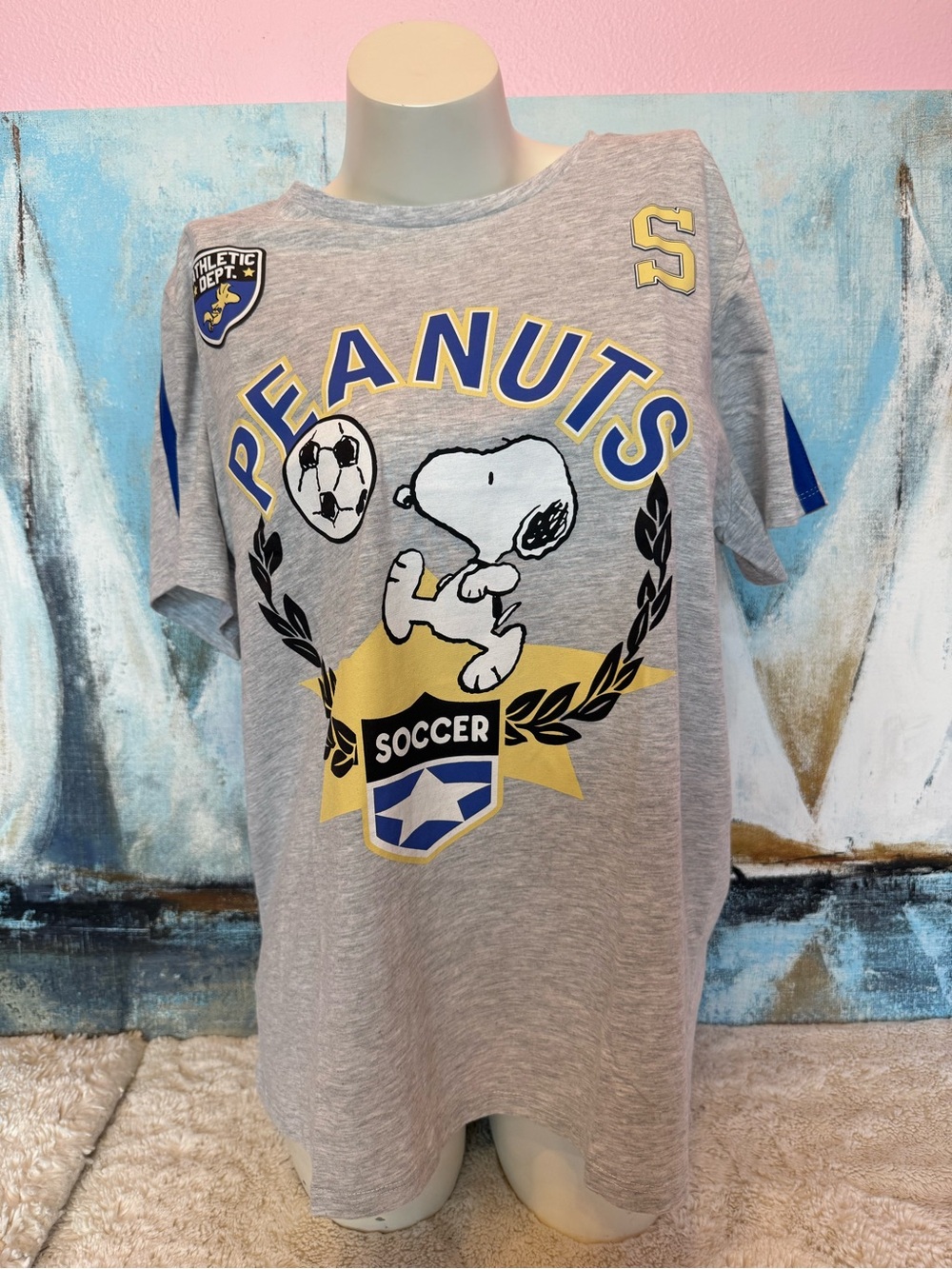 Hybrid Apparel Gray Peanuts Snoopy Soccer Tee with Yellow & Blue Accents